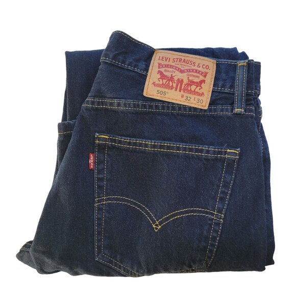 Levis 505 Jeans Mens 32x30 Reg Straight Leg Denim Blue Rinsed Indigo Dark Wash - Picture 1 of 12